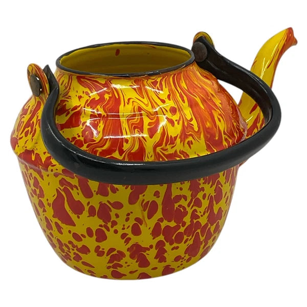 Orange Yellow Tea Pot Kettle Vntg Enamelware Splatter Swirl Graniteware No Lid