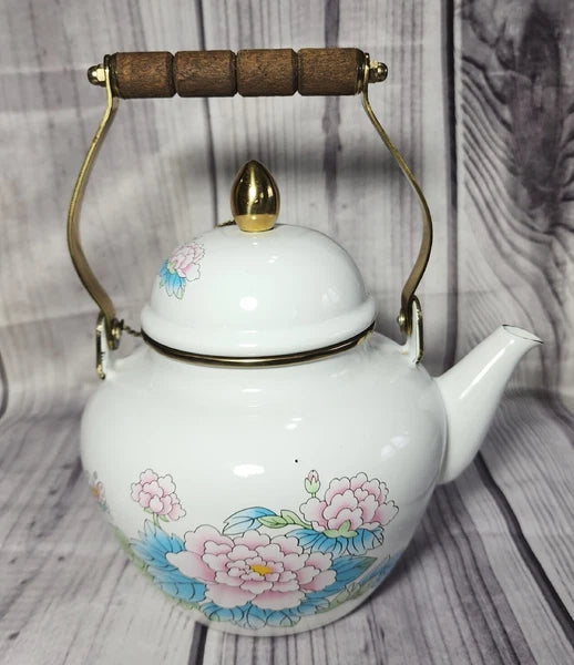 Vtg 1988 Tea Kettle Pot Enamel White Poppies Flowers Brass National Housewares