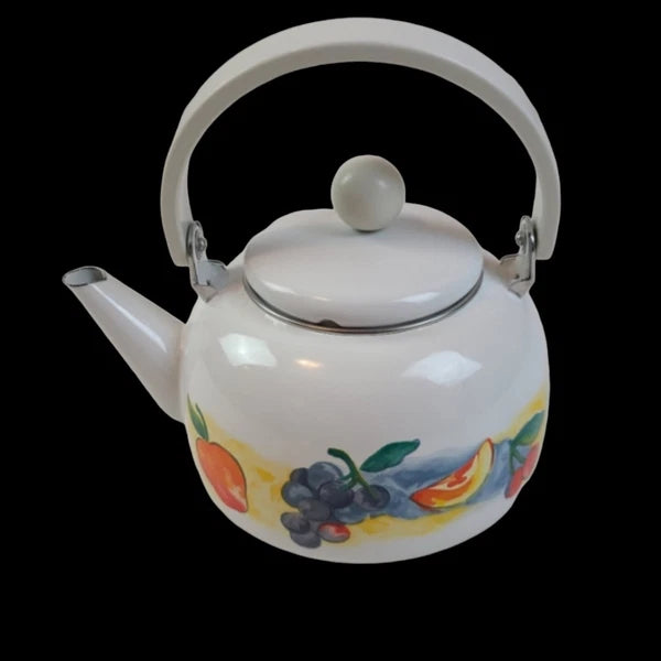 vintage white enamel tea kettle