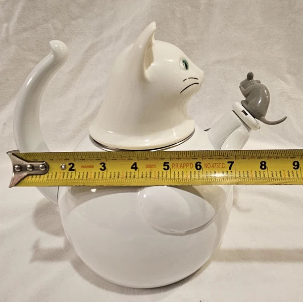 Vintage 1980s Copco White Cat and Gray Mouse Enamelware 2 ½ QT Tea Kettle
