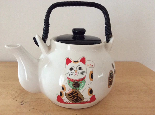 ENAMEL KETTLE TEAPOT CAT DESIGN PLASTIC HANDLE