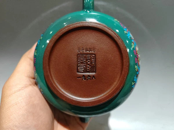 Chinese Purple Clay Pot Health Trays Figurine Enamel Painted Carved Floral