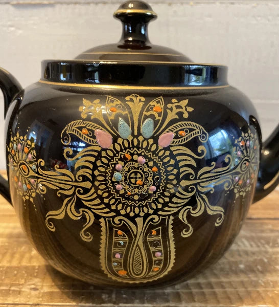 Vintage Gibson & Sons Marina Teapot w/ Lid Black Gold Enamel Burslem England