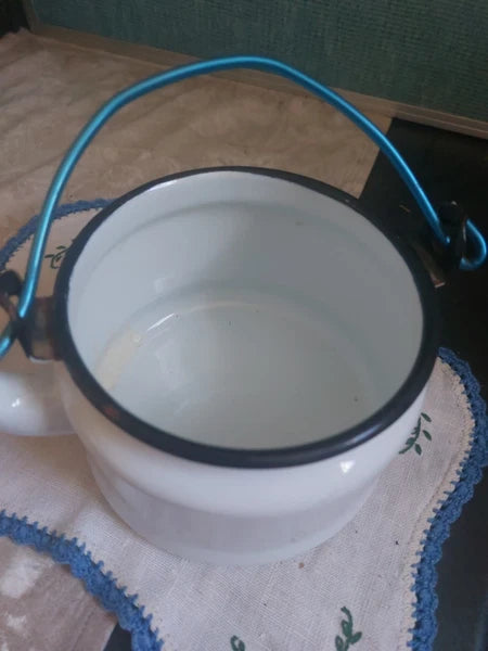 Vtg enamel ware tea kettle pitcher farmhouse chic yellow and white