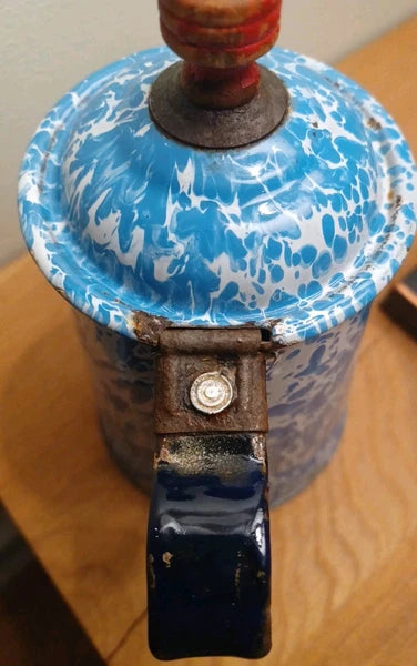 Antique Blue White Swirl Graniteware Enamelware Gooseneck Coffee Tea Pot .