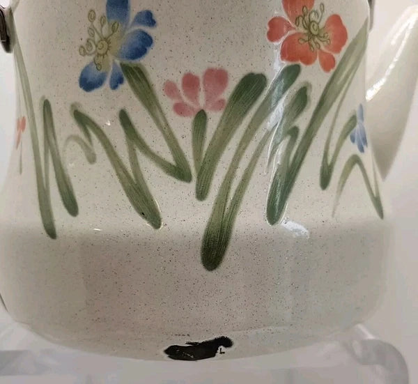 Vintage Tea Kettle, Floral Enamel on Steel Tea Kettle