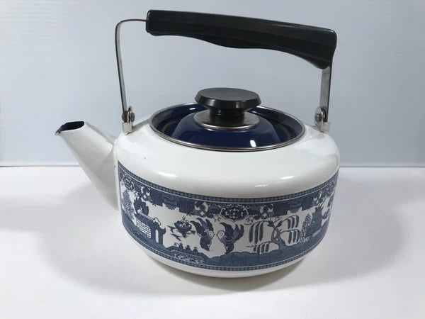 Vintage Blue Willow TEA KETTLE Howard Holt Porcelainized Steel 1960's #2 Unused