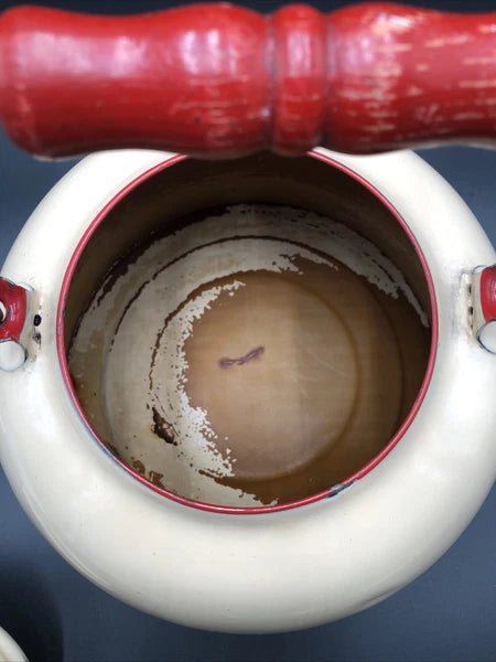 Vintage Enamel Large Tea Kettle, Beige With Red Trim And Red Handle