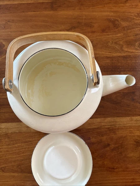 Vintage 1980s Country Geese Metal Enamel & Wood Tea Kettle