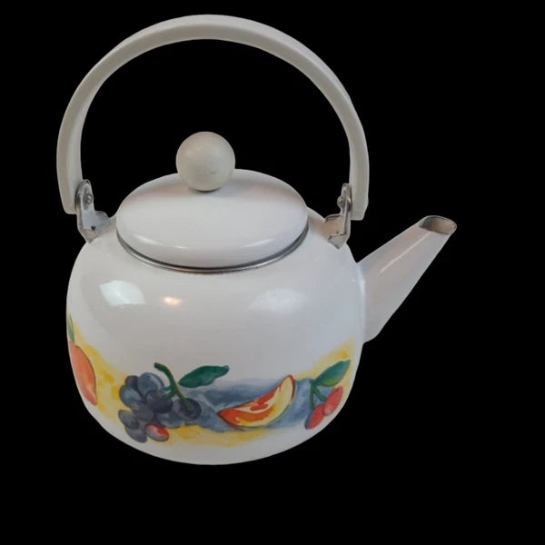 vintage white enamel tea kettle