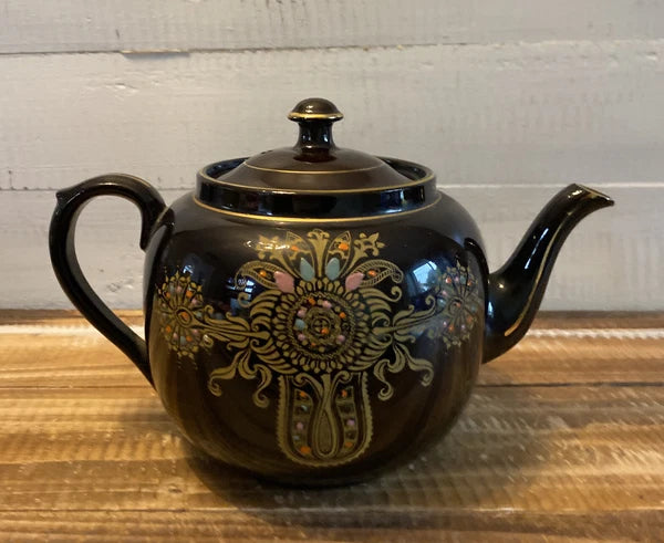 Vintage Gibson & Sons Marina Teapot w/ Lid Black Gold Enamel Burslem England