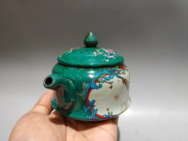 Chinese Purple Clay Pot Health Trays Figurine Enamel Painted Carved Floral