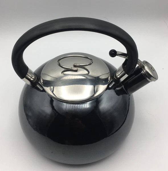 COPCO 2qt Black Enamel Whistling Teapot Kettle Chrome Top Mid Century Modern MCM