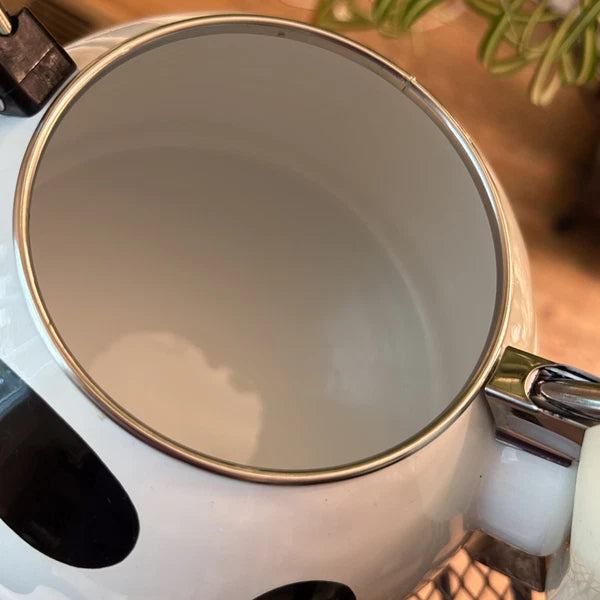 Vintage M Kamenstein Black White Cow Whistling Tea Kettle Teapot