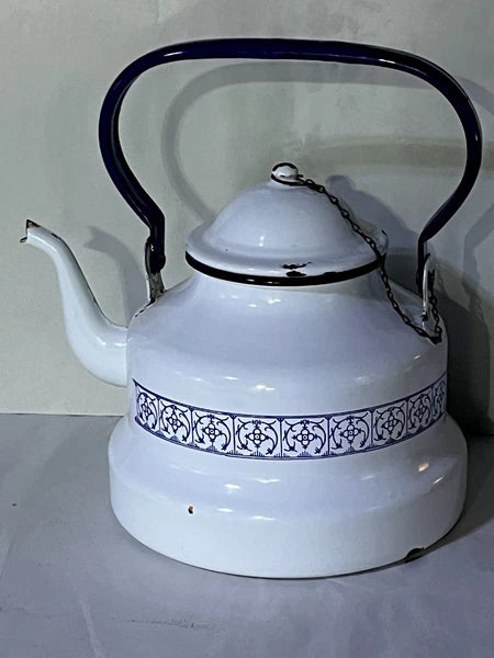 Vintage French Country Enamel tea kettle, "Copenhagen" 1960s Blue White Bistro