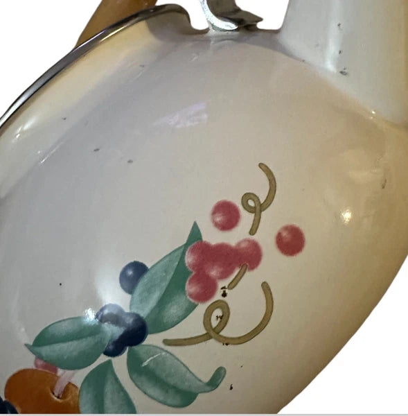 Vintage Lincoware Off White Enamel Metal Fruit Motif Teapot Tea Kettle