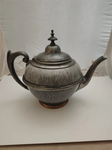 Mid 1880's Grey Graniteware Ironware Pewter & Brass Trimmed Teapot Enamel Ware