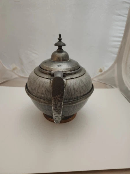Mid 1880's Grey Graniteware Ironware Pewter & Brass Trimmed Teapot Enamel Ware
