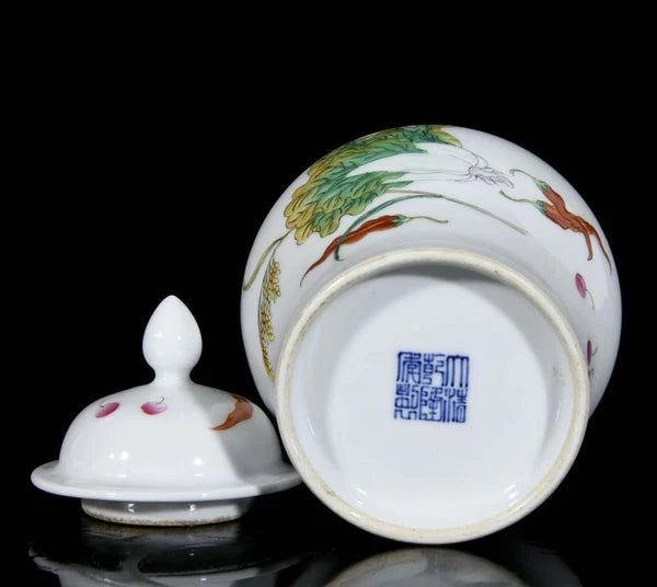Qianlong Signed Pair Old Chinese Colour Enamel Lid Pot W/cabbage N3580