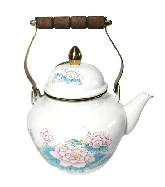 Vtg 1988 Tea Kettle Pot Enamel White Poppies Flowers Brass National Housewares