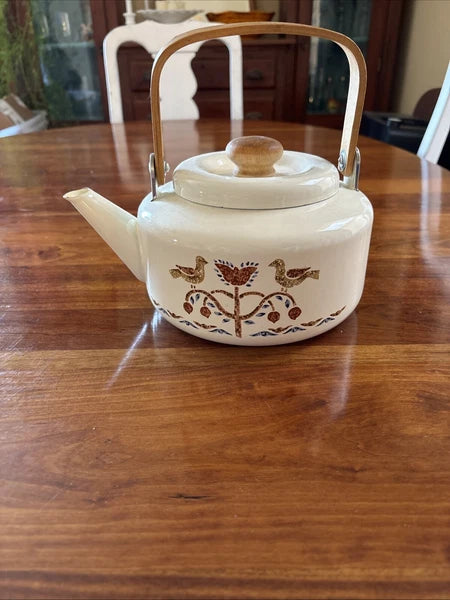 Vintage 1980s Country Geese Metal Enamel & Wood Tea Kettle
