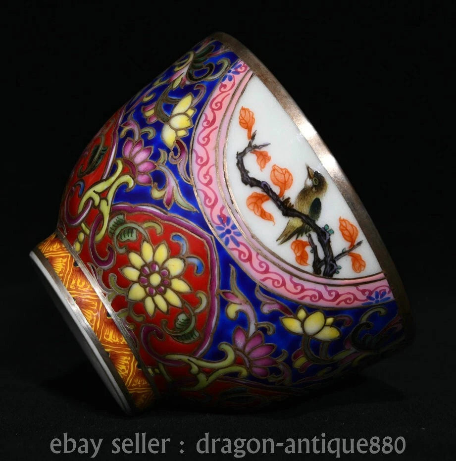3" Ancient China Qianlong Marked Colour Enamel Porcelain Flower Bird Taecup Pair