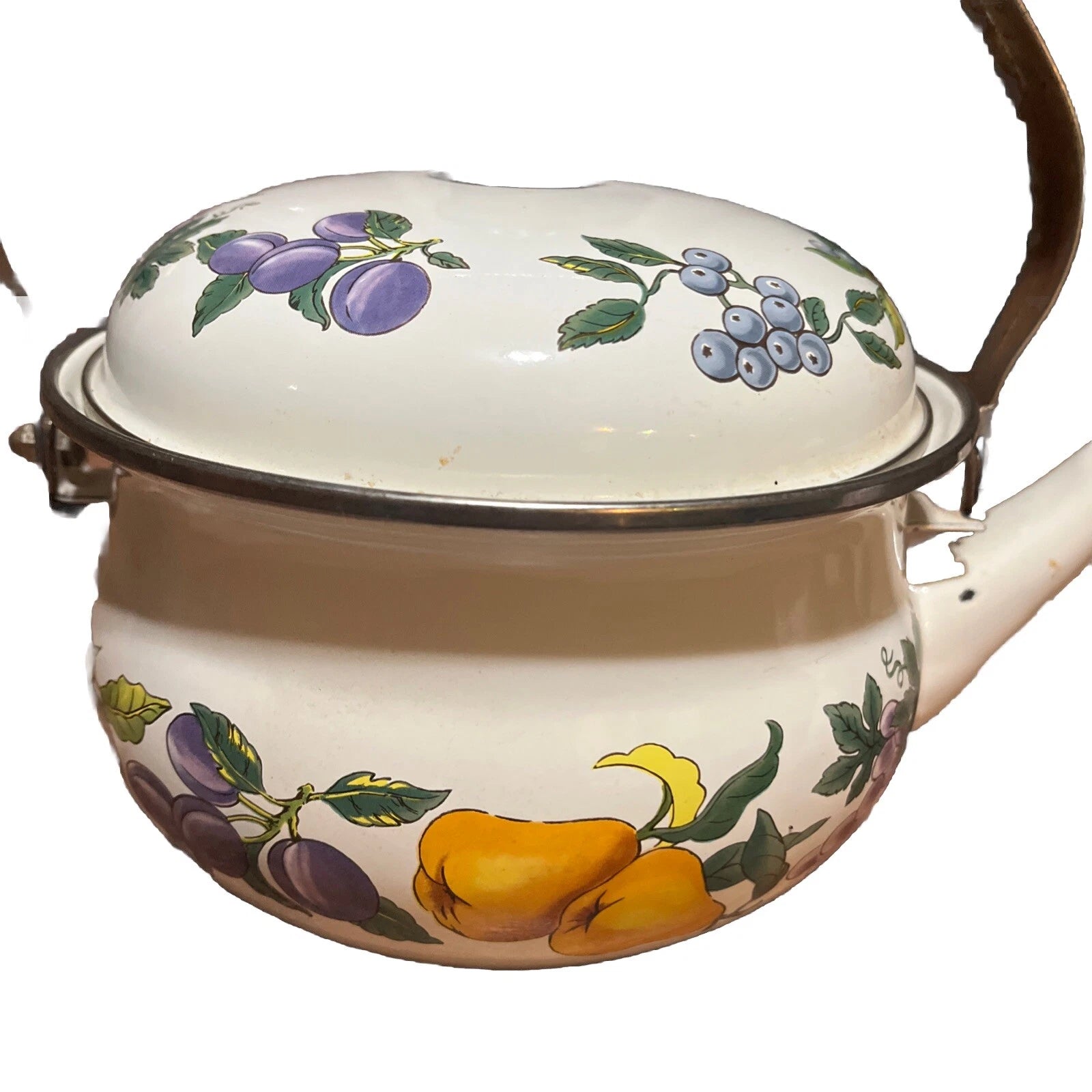 Tabletops Unlimited Essence Tea Kettle Enamel Fruit Vine Pattern Swivel Handle