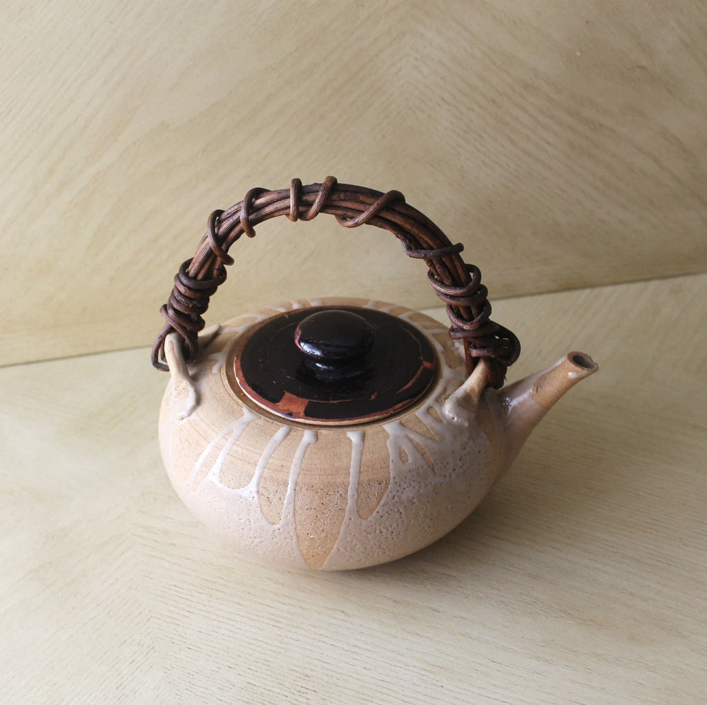 Vtg Asian Chinese Japanese Ceramic Clay Enameled Flat Teapot Kettle Raku Ware?