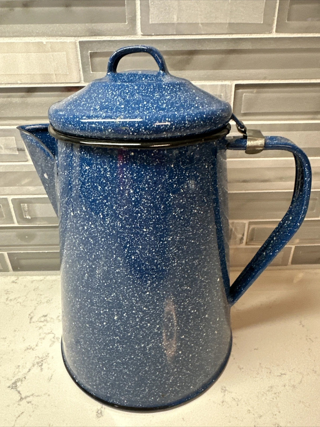 Vintage blue and white speckled enamel coffee/tea kettle 8” hiking camping RV