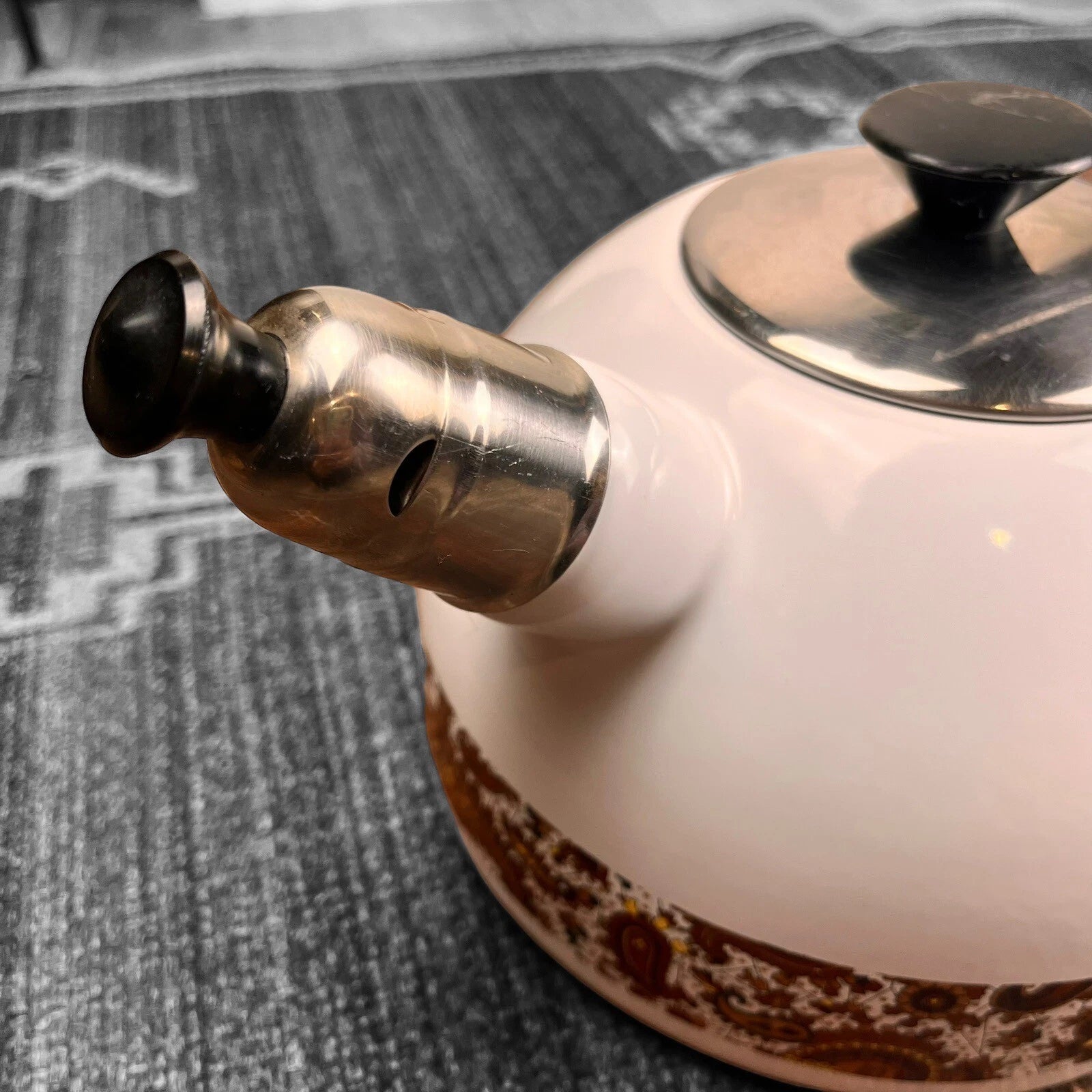 70's Design White Enamel Metal Whistling Tea Coffee Kettle Paisley Brown White