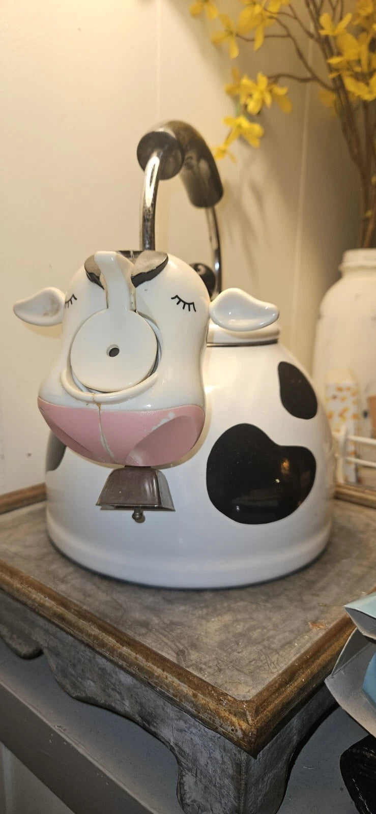 Vintage M Kamenstein Cow Tea Kettle Enamel Whistling Teapot