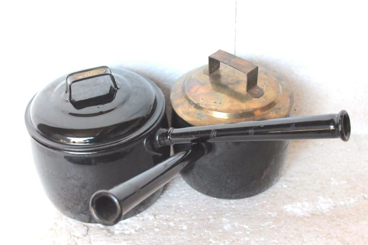 Enamel Tea Pot  With Handle 2 Pc Old Vintage Kitchenware Collectible