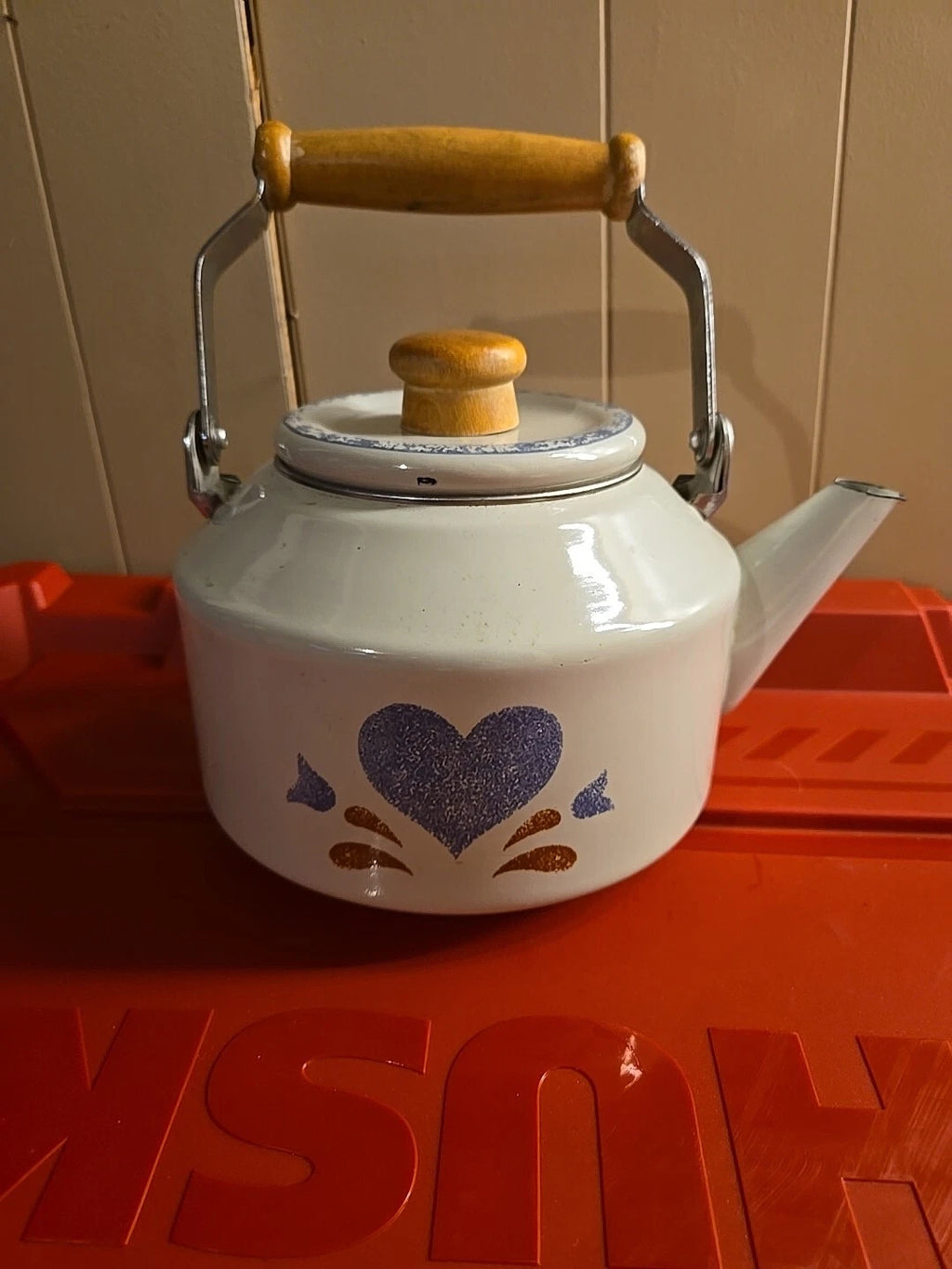 Vintage 80s Blue Hearts Enamel Kettle by Jay Made in Taiwan Wood Handle EUC