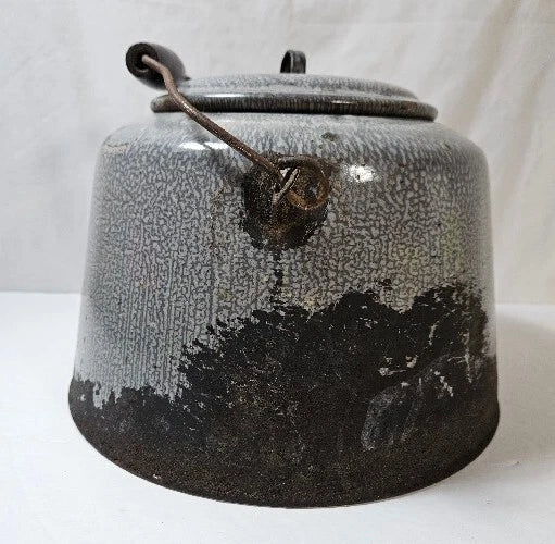 Antique Gray Enamelware Teapot Cowboy Camp Tea Kettle
