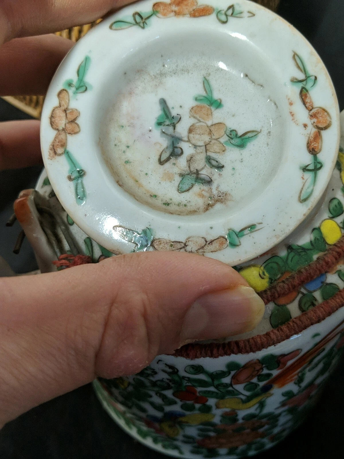 Vintage CHINESE TEA SET in Warmer Wicker basket with Teapot and 2 Cups