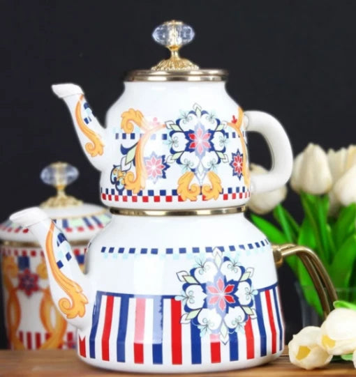 Enamel Teapot Set / Turkish Tea Pot Set, Turkish Samovar Tea Maker, Tea Kettle