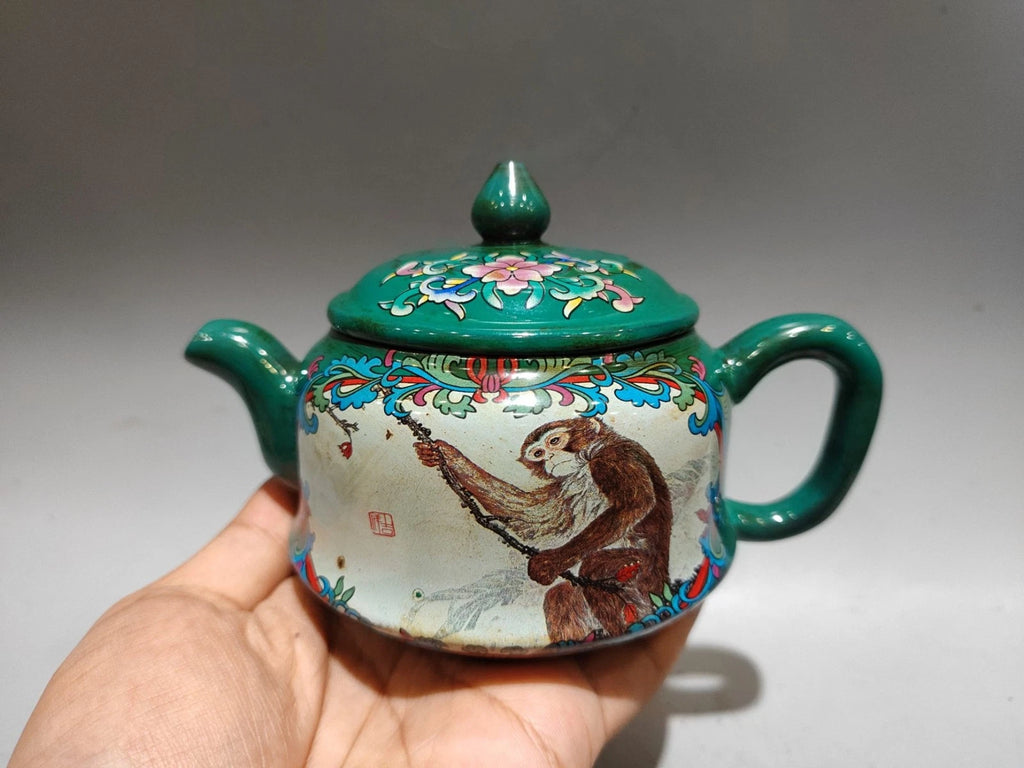 Chinese Purple Clay Pot Health Trays Figurine Enamel Painted Carved Floral