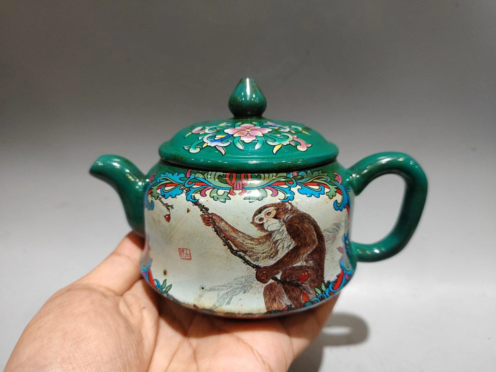 Chinese Purple Clay Pot Health Trays Figurine Enamel Painted Carved Floral