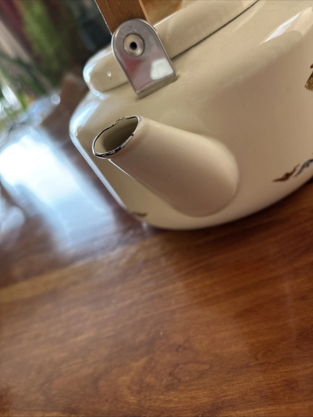 Vintage 1980s Country Geese Metal Enamel & Wood Tea Kettle