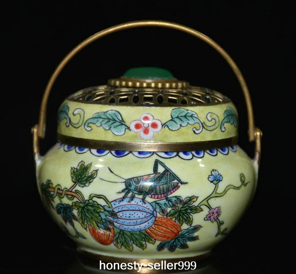 Qianlong Cloisonne Enamel Gilt Grape Insect Handle Wine Teapot Flagon Statue