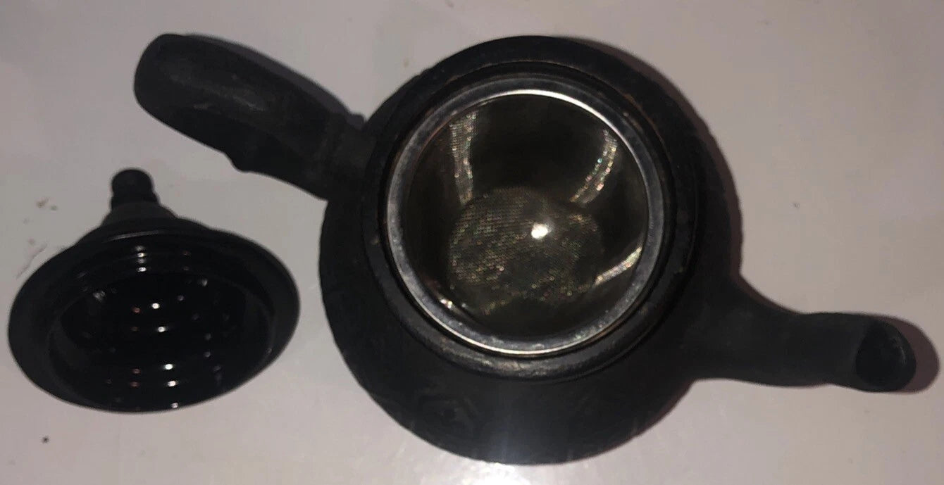 Ornate Vintage Cast Iron/Enamel Moroccan Style Tea Kettle 8" w/strainer basket