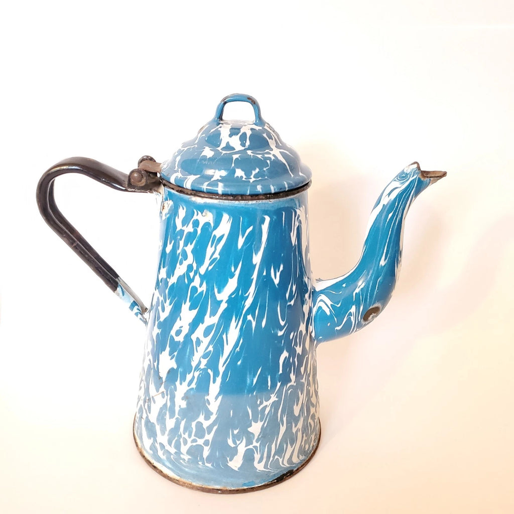 Antique Enamelware Coffee Pot Hinged Lid Seamless Original Turquoise Swirl 9"
