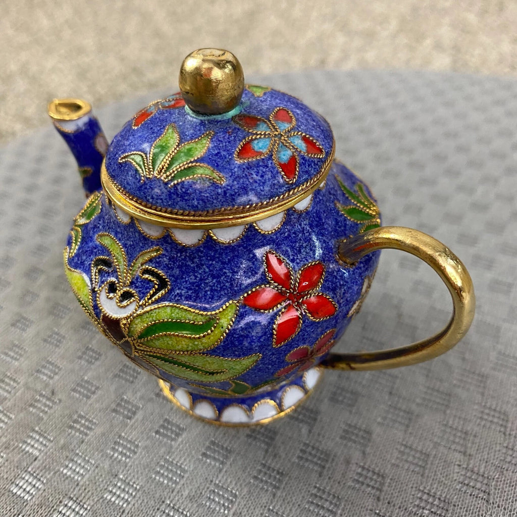Vtg Miniature Cobalt Blue Enamel Gilded Cloisonne Floral Metal Back Teapot & Lid