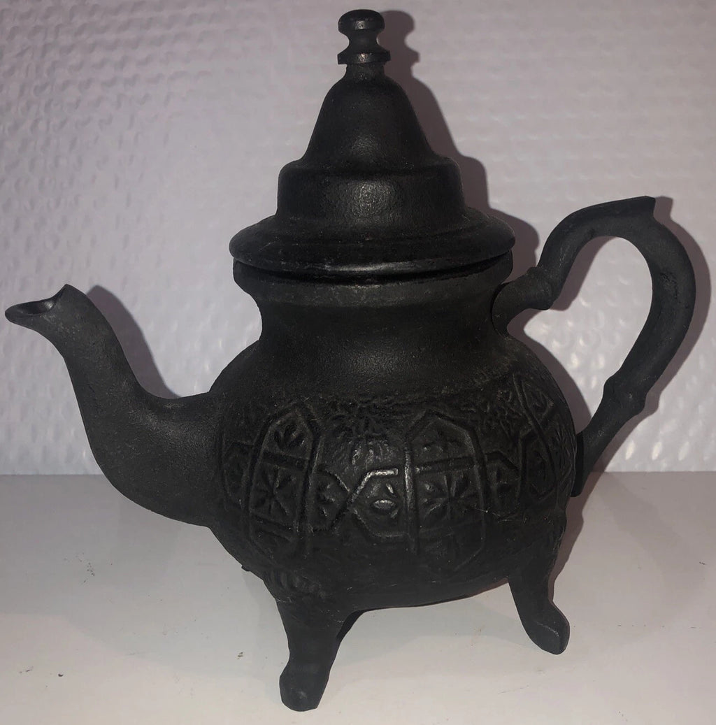 Ornate Vintage Cast Iron/Enamel Moroccan Style Tea Kettle 8" w/strainer basket