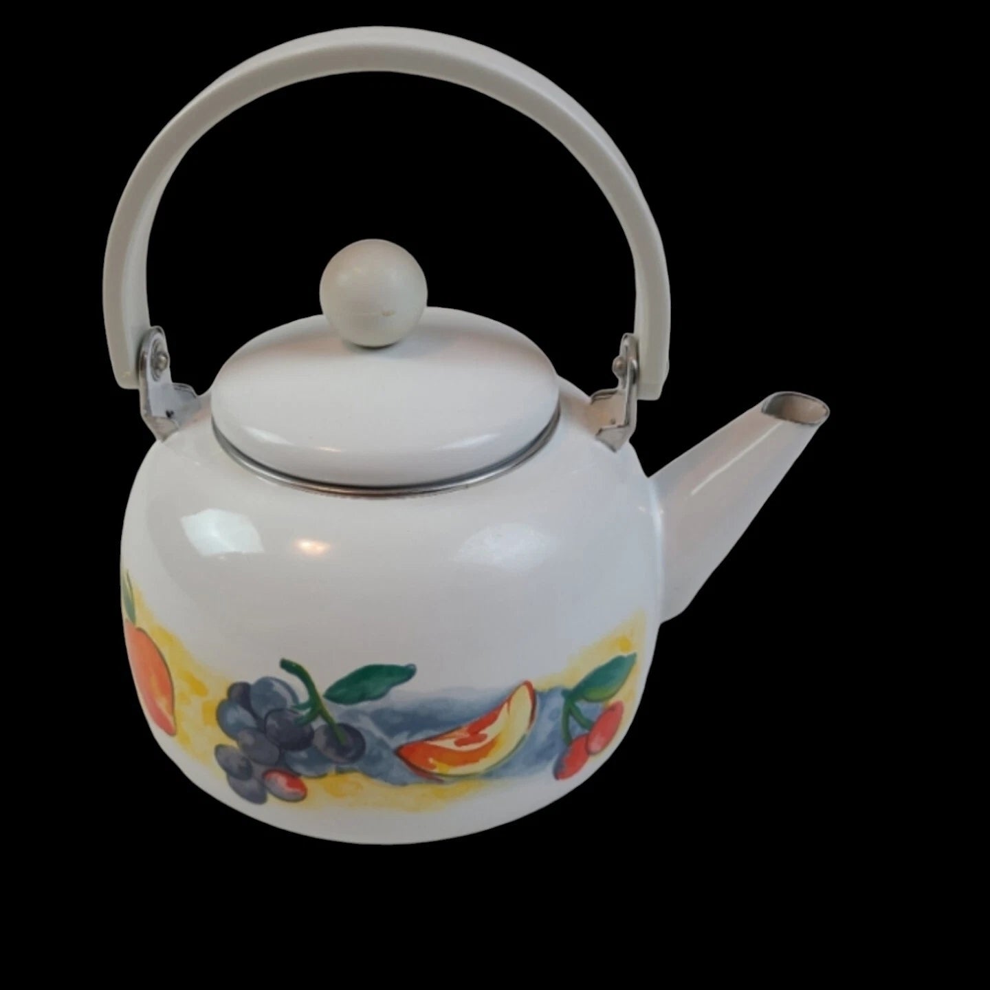 vintage white enamel tea kettle