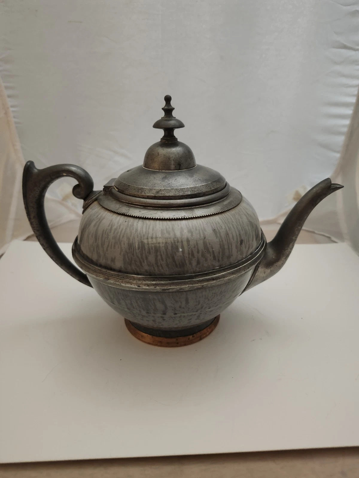 Mid 1880's Grey Graniteware Ironware Pewter & Brass Trimmed Teapot Enamel Ware