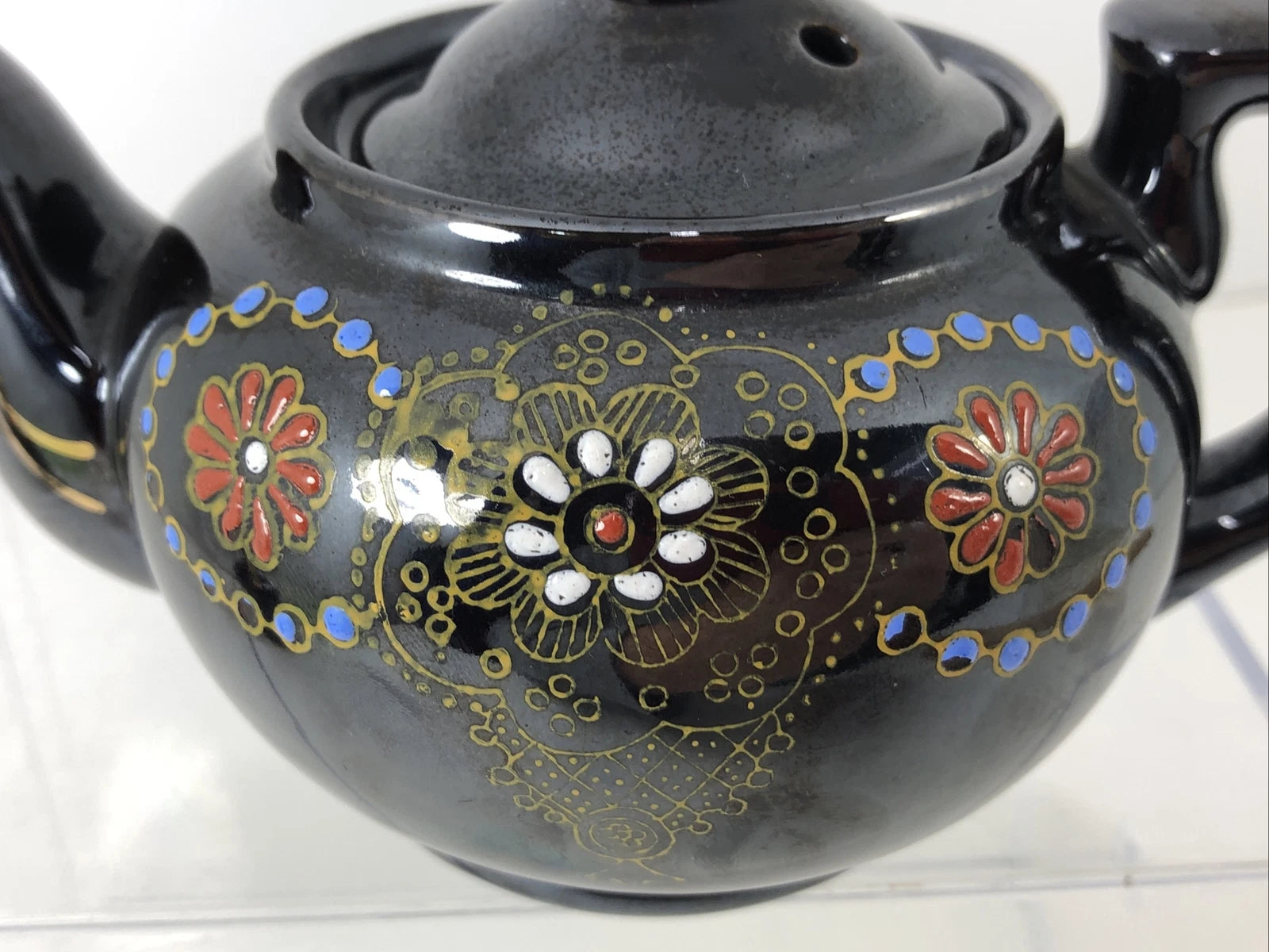 Japan Vintage Ceramic Redware Blue Teapot Glazed and Enamel 12 Ounces VTG