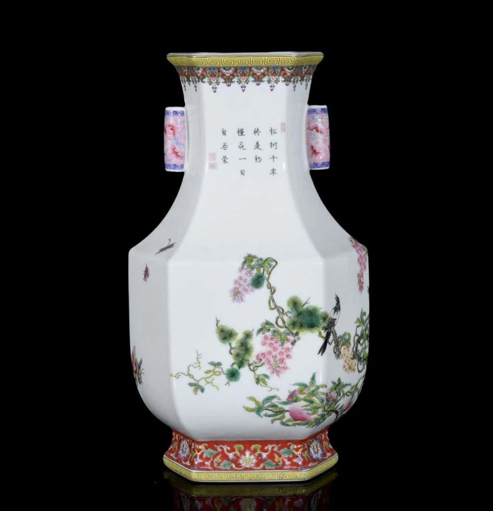 30CM Yongzheng Signed Old Chinese Colour Enamel Vase W/peach N3423