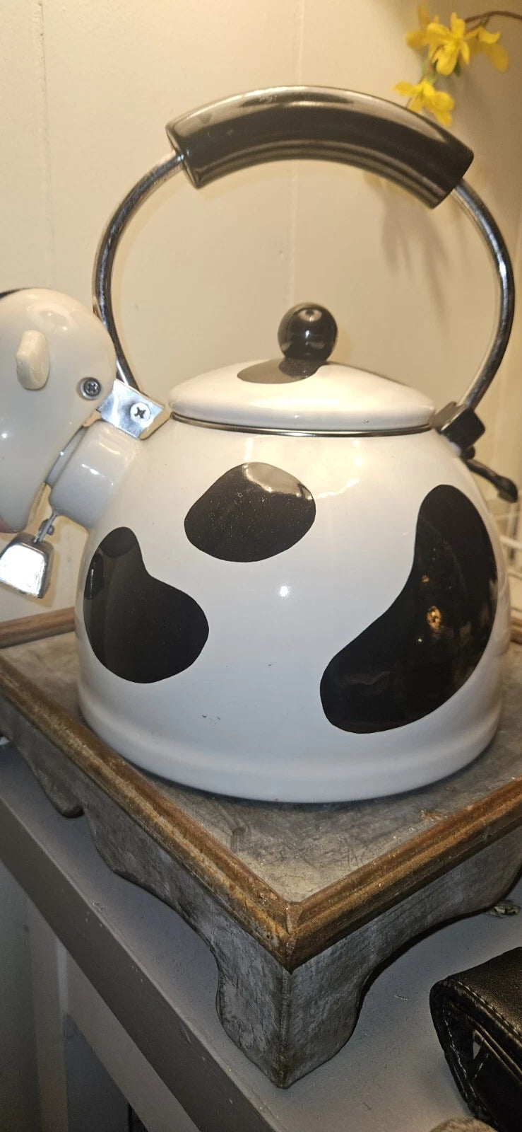 Vintage M Kamenstein Cow Tea Kettle Enamel Whistling Teapot