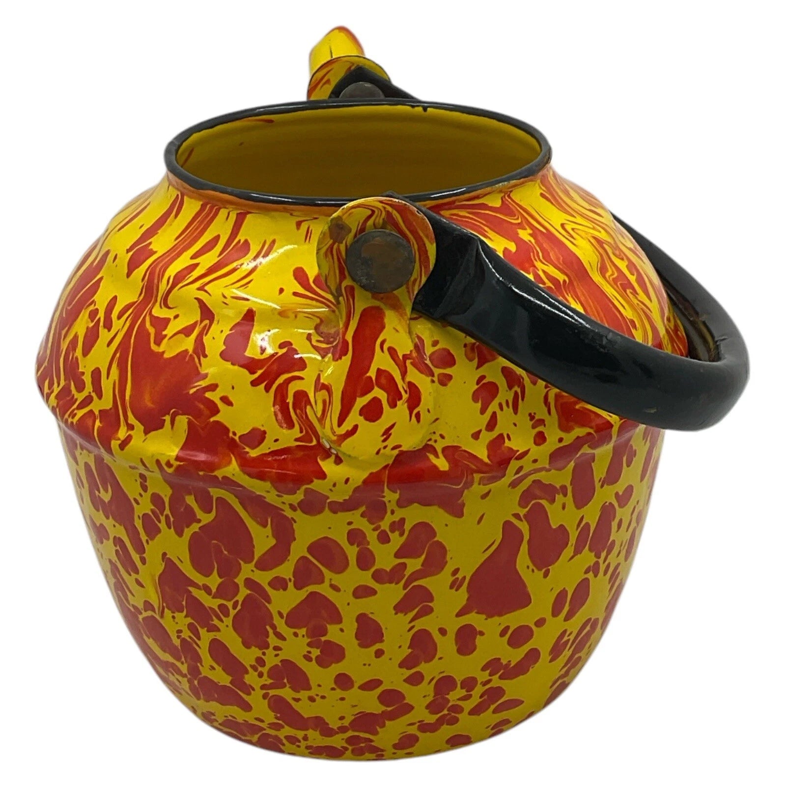 Orange Yellow Tea Pot Kettle Vntg Enamelware Splatter Swirl Graniteware No Lid
